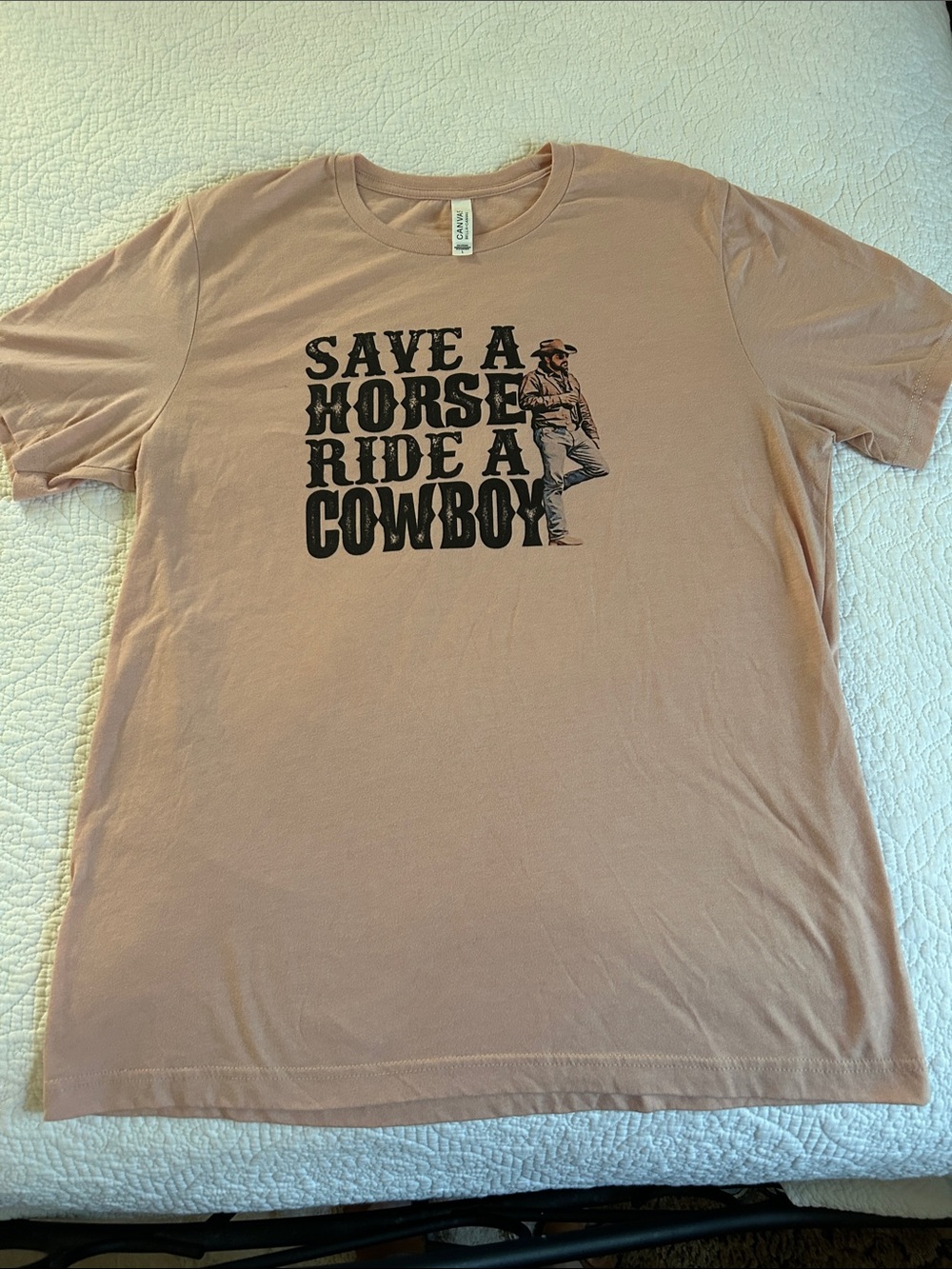 Bella Canvas Crewneck T-Shirt - Dusty Rose “Save a Horse Ride a Cowboy” size L - Picture 3 of 9